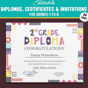 Bearbeitbare Diplome der 2.Klasse, Zertifikate der 1.-8.Klasse und Einladungsvorlagen in einem Mosaik-Thema - 34 Seiten, PDF Instant Download