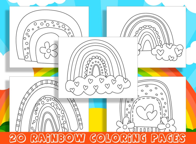 Peut inclure: Un ensemble de 20 pages &agrave; colorier d'arc-en-ciel imprimables. Chaque page pr&eacute;sente un design diff&eacute;rent d'arc-en-ciel avec divers d&eacute;tails comme des c&oelig;urs, des fleurs et des points. Ces pages &agrave; colorier sont parfaites pour les enfants de tous &acirc;ges.