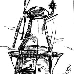 Disegno a inchiostro "Il mulino a vento olandese..."