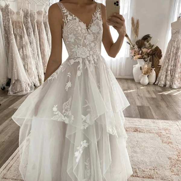 Summer A Line Wedding dress Deep V Neck 3d Floral Tulle Sleeveless Bride Party Bridal Gowns Romantic fairy Backless formal dress custom gown