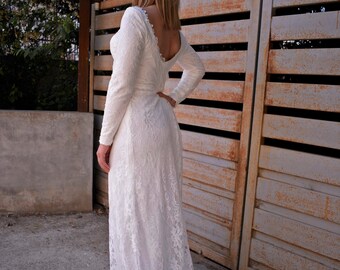 Ready to Ship size 8 US Minimal Lace Wedding Dresses  Long Sleeve empire Bridal Gowns Romantic Vintage Backless boho white Mermaid handmade
