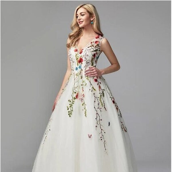 A-Line Floral Formal Evening Dress V Neck Floor Length Embroidery Appliques Sleeveless Wedding dress 3d Bridal Gowns formal dress custom