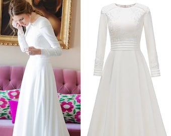 Minimal Long Sleeve Plain Satin Lace Wedding Dresse O-Neck Arabic Beach Boho Rustic Bridal Gowns Romantic Vintage white custom size