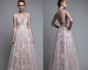 Summer Sleeveless A Line Wedding dress Deep V Neck 3d Floral Tulle Bride Party Bridal Gowns Romantic fairy Backless formal dress champagne