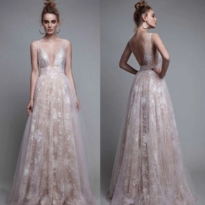 Summer Sleeveless A Line Wedding dress Deep V Neck 3d Floral Tulle Bride Party Bridal Gowns Romantic fairy Backless formal dress champagne