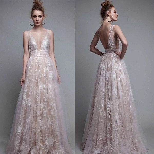 Summer Sleeveless A Line Wedding dress Deep V Neck 3d Floral Tulle Bride Party Bridal Gowns Romantic fairy Backless formal dress champagne