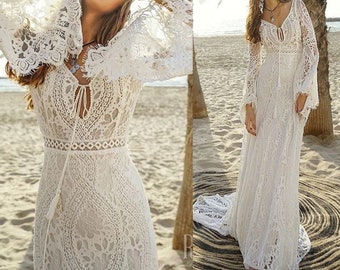 Manches longues cloche gitane Boho dentelle robes de mariée col en V plage Boho robes de mariée rustiques romantique vintage Hippie dos nu dos ouvert blanc