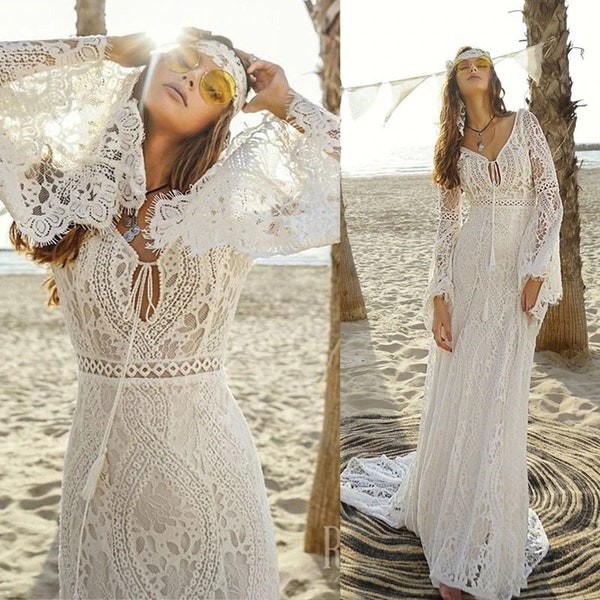 Long Bell Sleeves Gypsy Bohemian Lace Wedding Dresses V Neck Beach Boho Rustic Bridal Gowns Romantic Vintage Hippie Backless open back white