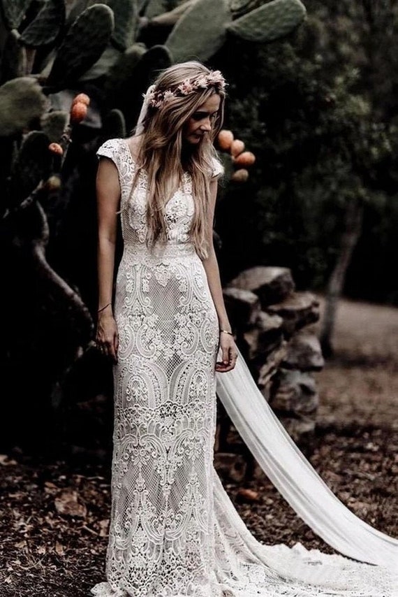 Vintage Crochet Lace Boho Mermaid Wedding Dress V-neck Cap Sleeve Bridal  Gowns Romantic Sleeves White Handmade Custom Open Back Bohemian 