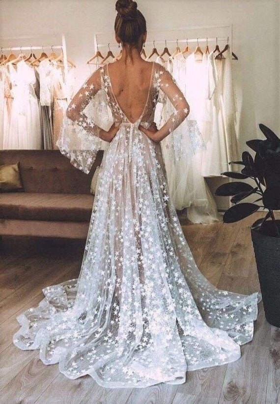 Bell Sleeve Wedding Dress V-neck 