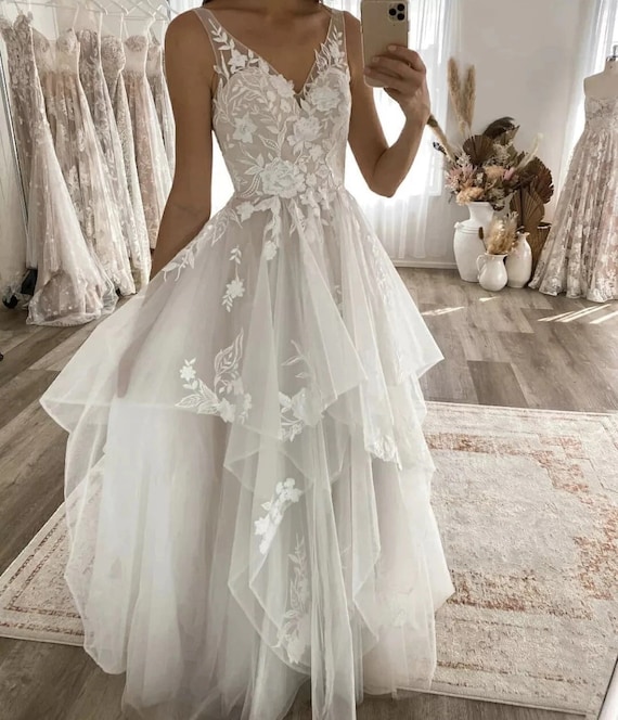 Summer A Line Wedding Dress Deep V Neck 3d Floral Tulle Sleeveless