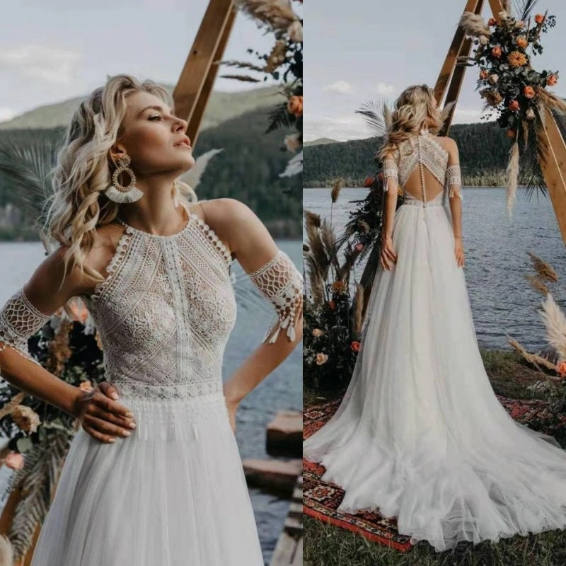 Bohemian Lace Wedding Dresses Halter ...