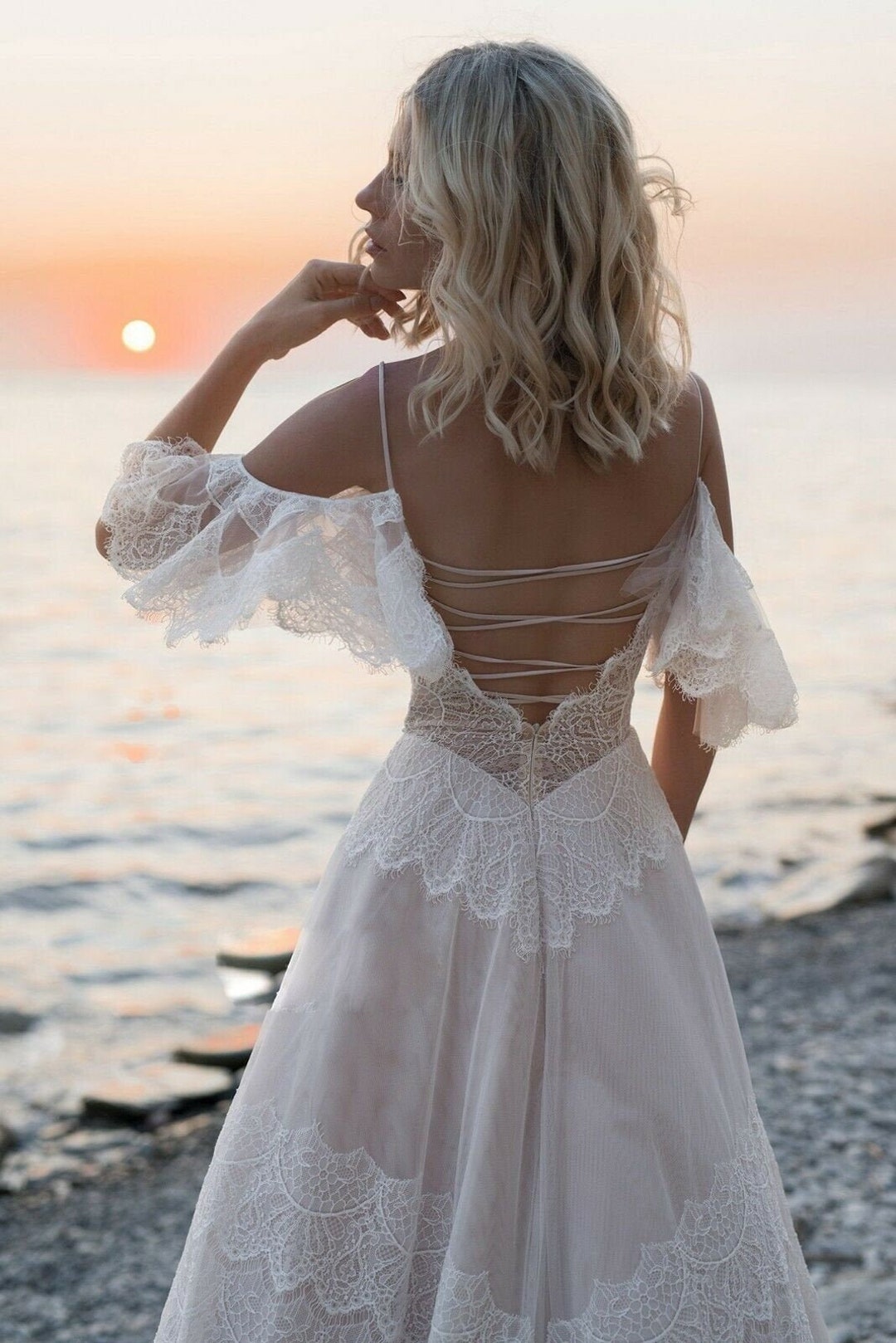 Bohemian Lace Wedding Dresses V Neck Short Sleeves Beach Boho - Etsy