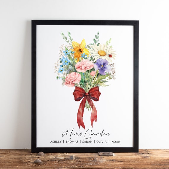 Personalized Watercolor Birth Flower Print, Unique Gift for Her Birthday, Birth Flower Bouquet, Mom Birthday Gift, Family Birth Flowers
