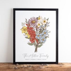 Presente personalizado de flores de nascimento, buquê de família, presente de flores do mês de nascimento para mamãe, avó, aniversário de flores do mês de nascimento