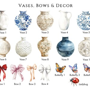 May include: A collection of ten watercolour illustrations of vases, bows, butterflies, and a ladybug. The vases are in various styles and colours, including blue and white, brown and white, and beige and white. The bows are in red, pink, orange, and white. The butterflies are in orange, brown, and white. The ladybug is red with black spots.