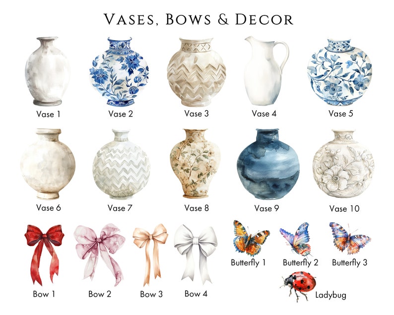May include: A collection of ten watercolour illustrations of vases, bows, butterflies, and a ladybug. The vases are in various styles and colours, including blue and white, brown and white, and beige and white. The bows are in red, pink, orange, and white. The butterflies are in orange, brown, and white. The ladybug is red with black spots.
