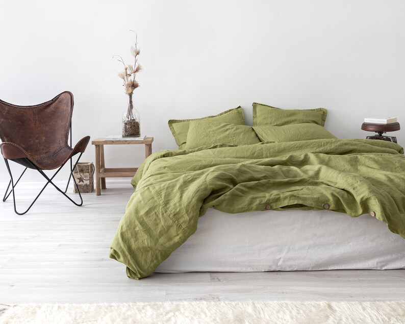 Linen Bedding Set in Moss Green Washed Linen Duvet Cover 2 Etsy Australia