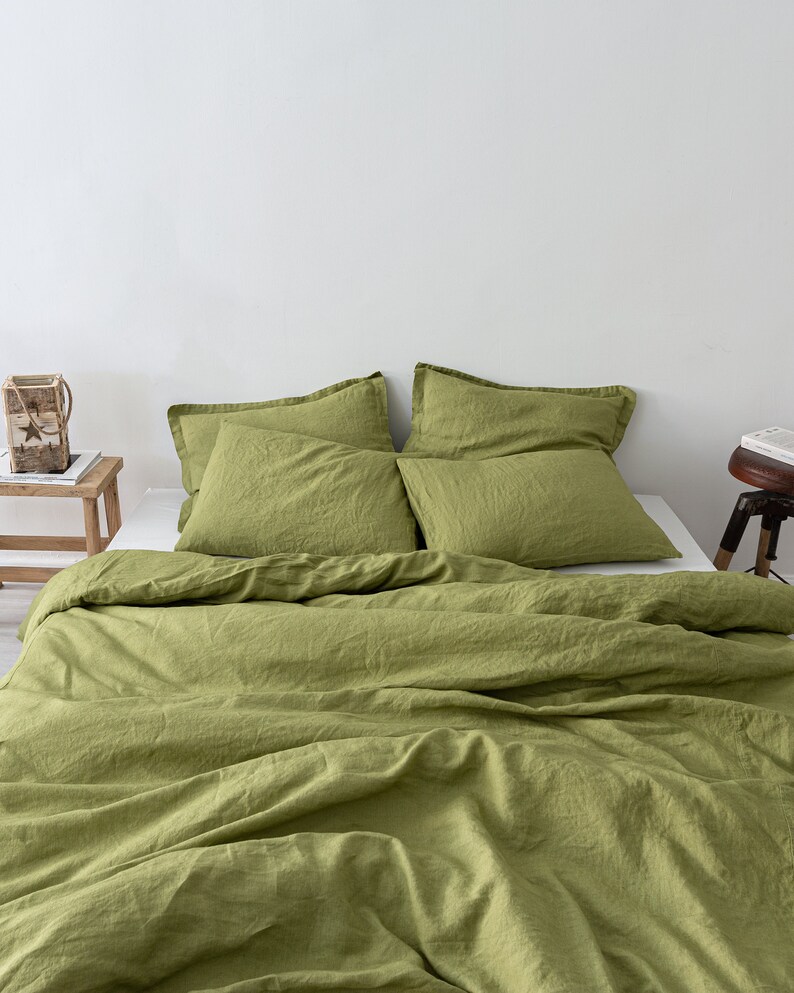 Linen Bedding Set in Moss Green Washed Linen Duvet Cover 2 Etsy
