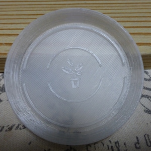 Puede incluir: Un platillo de plástico transparente con un diseño en relieve de una planta en maceta en el centro. El platillo tiene una superficie texturizada.