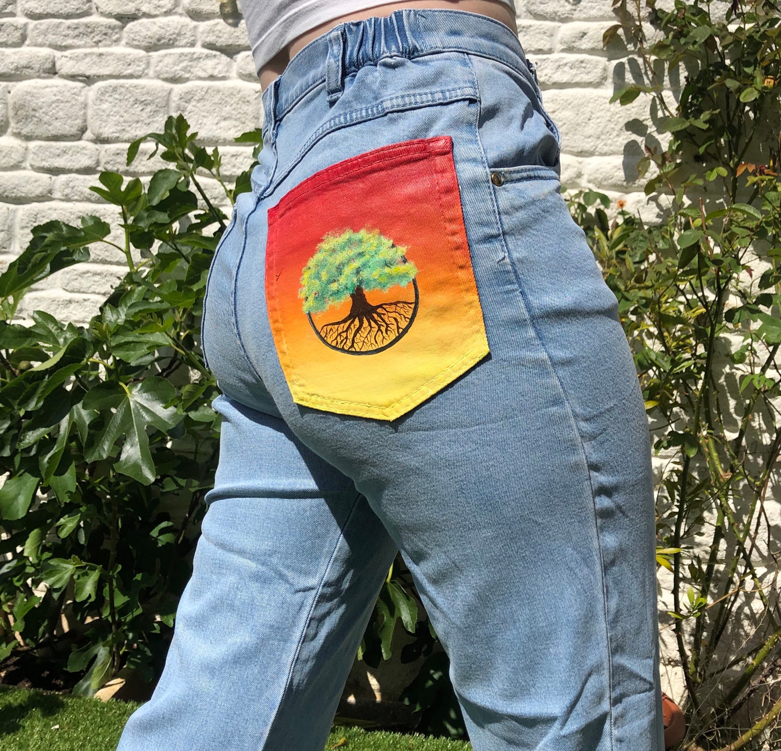Hand painted jeans pocket cropped jeans tree of life sunset | Etsy