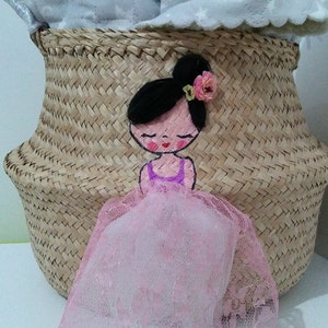 Large embroidered and painted ballerina belly basket storage wicker nursery bedroom decor kids laundry unique gift newborn baby shower gift image 1