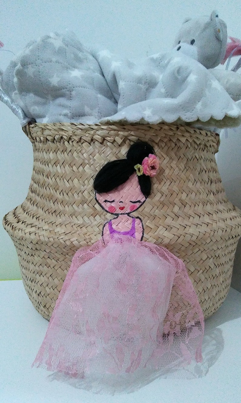 Large embroidered and painted ballerina belly basket storage wicker nursery bedroom decor kids laundry unique gift newborn baby shower gift image 1