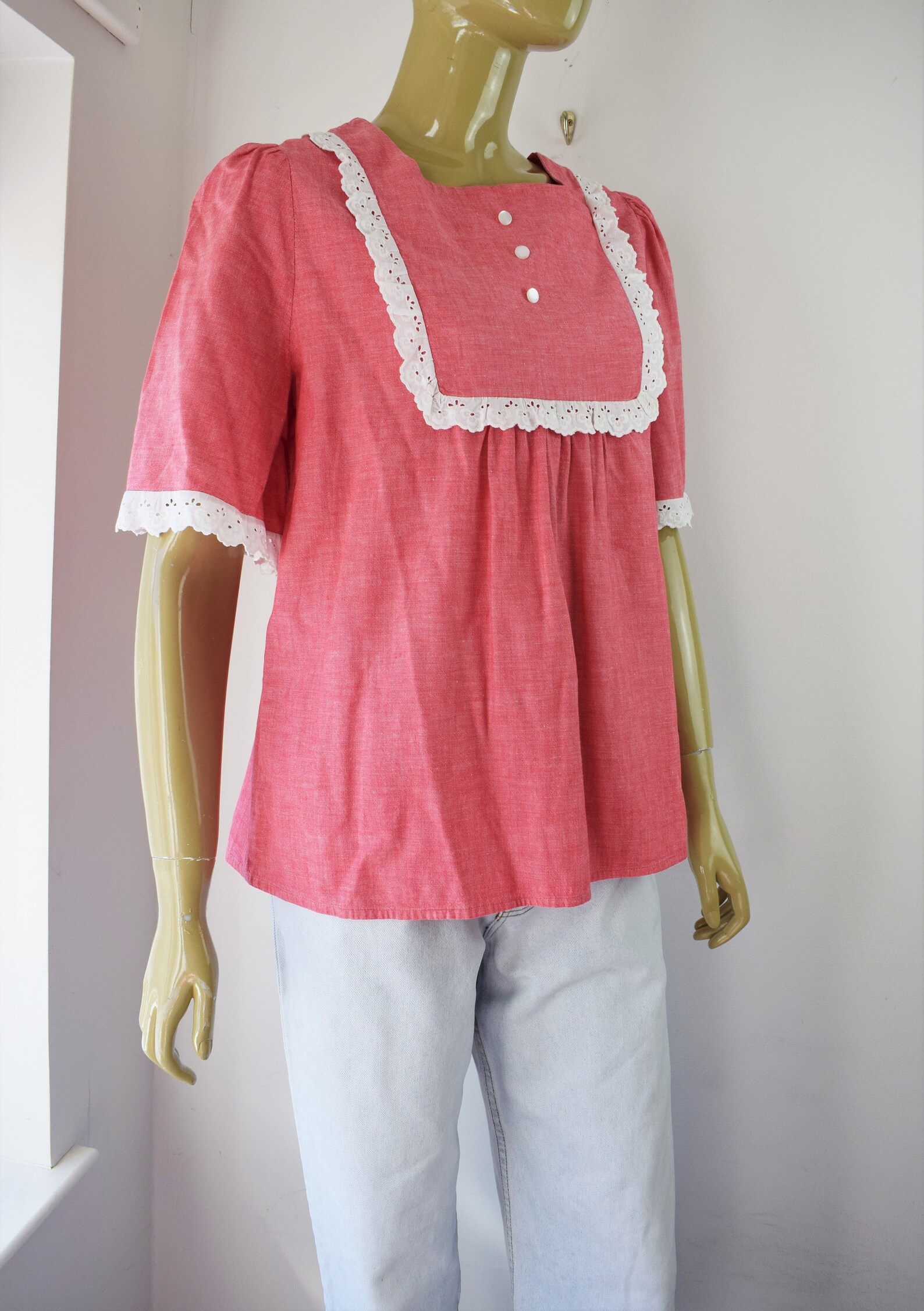 1970s smock top pink smock vintage folk style top Etsy