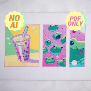 Modèle de point de croix numérique "Bubble Tea Boba Toad"