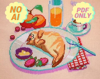Croissant Cat Cross Stitch Pattern: Kawaii Beginner Design (PDF Pattern)