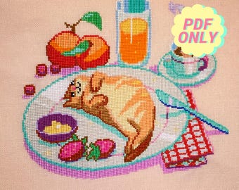 Cute cat cross stitch pattern pdf - croissant kawaii cat handmade gift counted cross stitch beginner friendly digital download