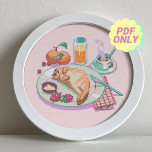 Cute cat cross stitch pattern pdf - croissant kawaii cat handmade gift counted cross stitch beginner friendly digital download