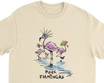 Unisex T-shirt with cartoon Pink, Punk, Flamingo's.