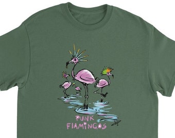 Unisex T-shirt with cartoon Pink, Punk, Flamingo's.
