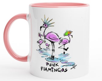 Coffee Mug with cartoon Pink, Punk, Flamingo's.