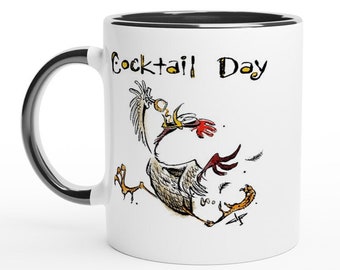 Coffee Mug with cartoon running rooster and Cocktail