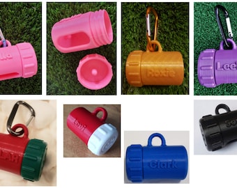 Personalized dog waste bag dispenser with screw on cap