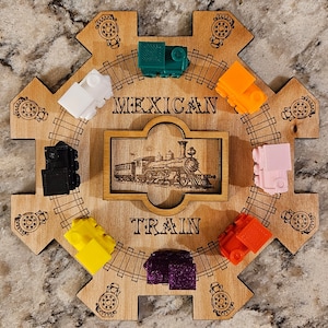 Mexican Train Domino Game hub centerpiece (6&quot;x6&quot;) and/or 9 colorful engine markers