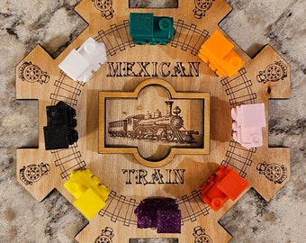 Mexican Train Domino Game hub centerpiece (6"x6") and/or 9 colorful engine markers