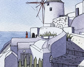 Santorini Island Greece Original line and wash, watercolour painting, pen and ink drawing