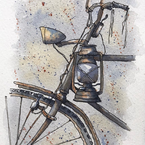 The old bike and lamp Original line and wash, watercolour painting, pen and ink drawing