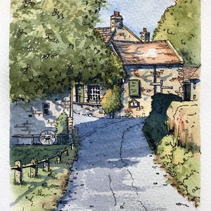 Hawnby North Yorkshire Original line and wash painting , watercolour painting, pen and ink drawing