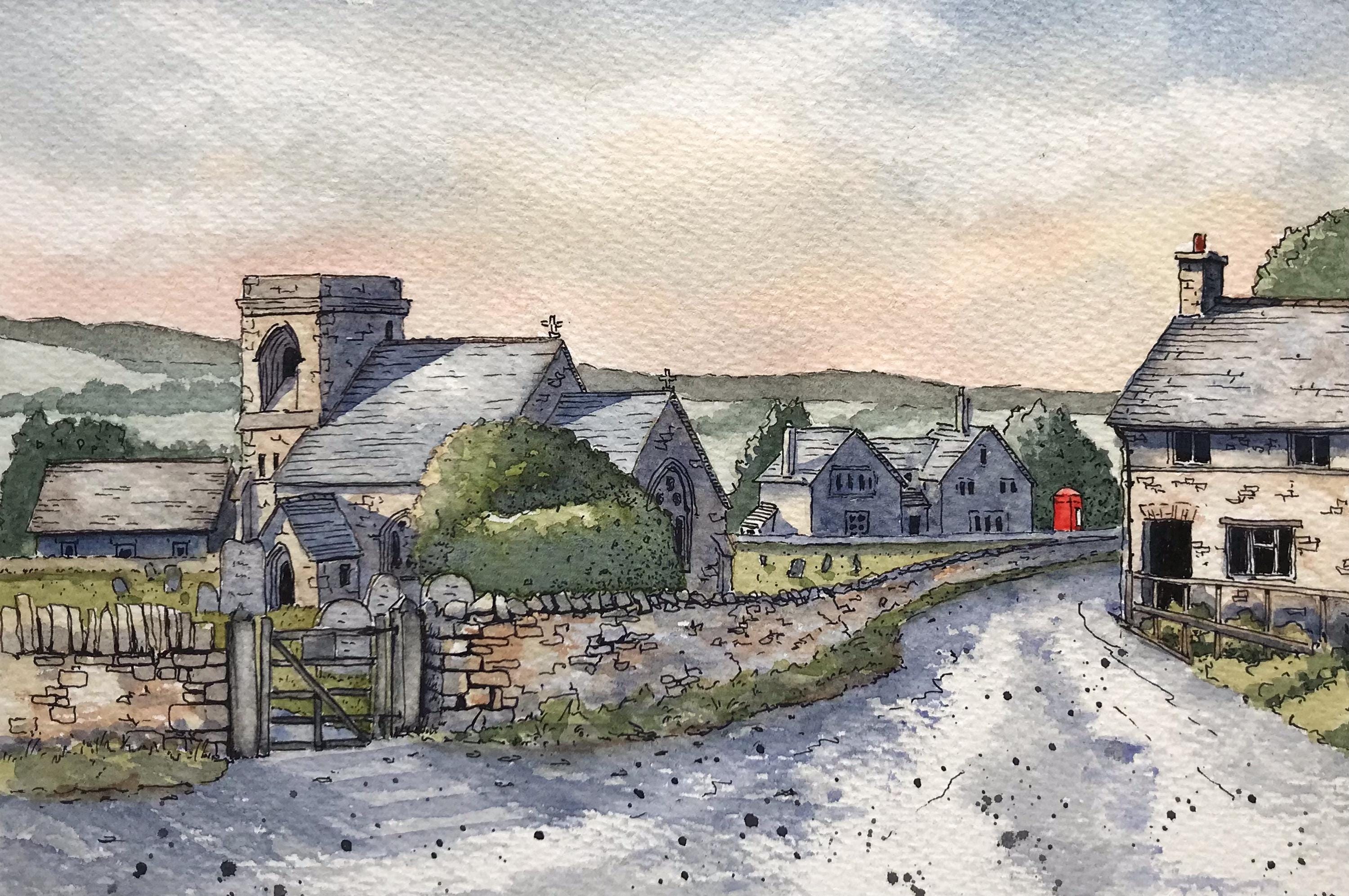 Snowshill Village Cotswolds Original line and wash painting , watercolour painting, pen and ink drawing