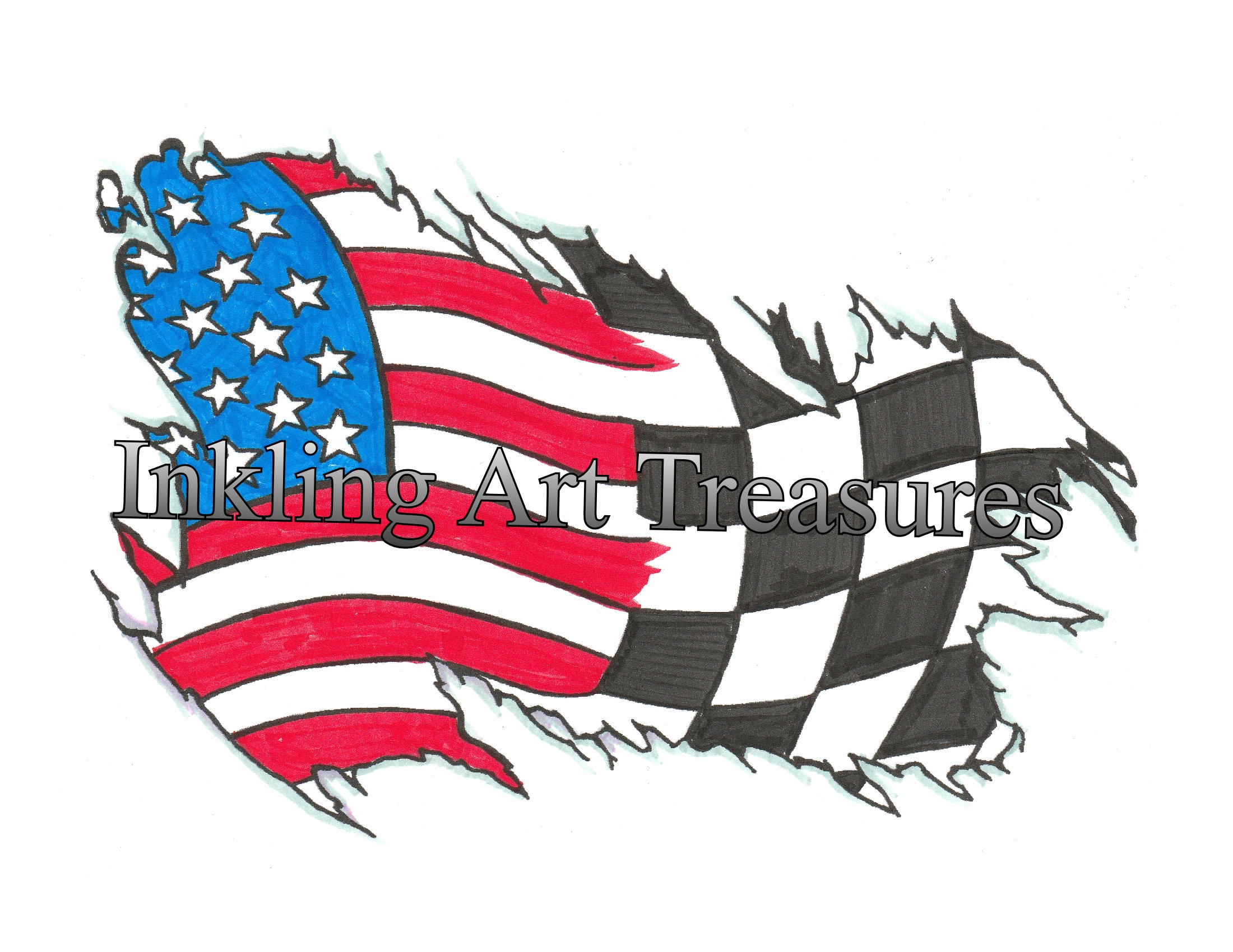 Torn Out American Flag Checkered Flag Tattoo Flash Tattoo Design torn-out-american-flag-checkered-flag-tattoo-flash-tattoo-design