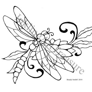 Jeweled Dragonfly and Daisy Tattoo Flash, Tattoo flash, Tattoo Design, Illustration, Line Work, Outline, Coloring Page, Vinyl Cutter