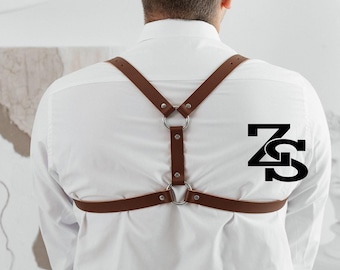 Genuine Leather  brown Y cross harness, Y Cross chest men harness, Y style chest harness