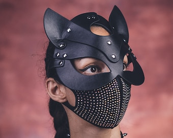 Zwart kunstleer kattenmasker: maskeradekostuum