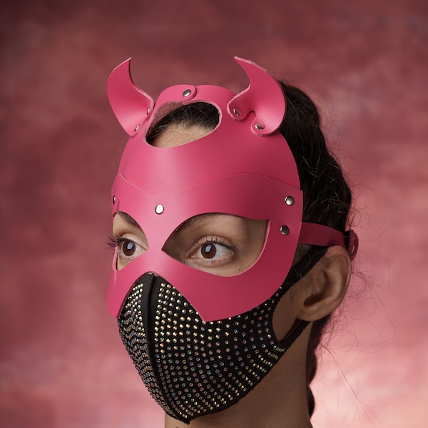 Pink Devil Mask, Genuine Leather Devil Mask, BDSM leather devil mask, BDSM Pink mask, sexy imp mask, masquerade imp mask, Pink BDSM leather