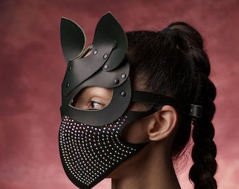 Kattenmasker van echt leer: donkergroen gemaskerd masker