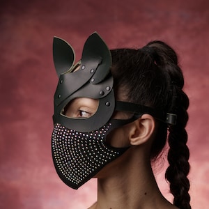 Genuine Leather Cat Mask: Dark Green Masquerade Mask